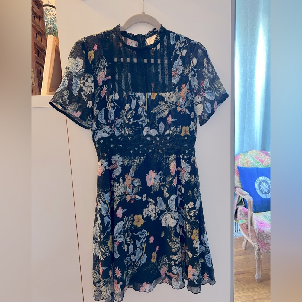 Foxiedox (Anthropologie) short-sleeve dress, size M. Gauzy, sheer, navy floral.